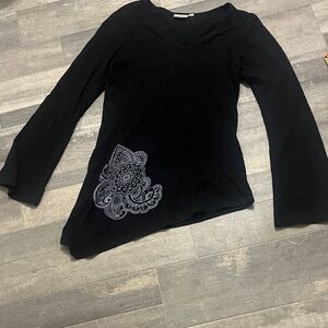 Chic Black Long Sleeve Top with Intricate Embroidery Look Detail